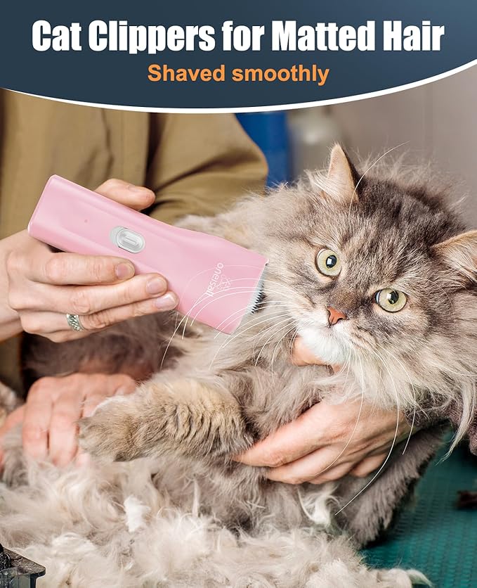oneisall Pet Clipper for Cat Matted Hair, Pet Shaver for Cats Quiet Pet Clippers Waterproof Cordless Cat Clippers for Matted Long Hair with Storage Bag (Pink)