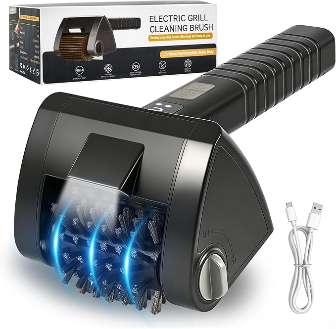 Electric Grill Brush, Cordless Rechargeable BBQ Cleaner with 4000mAh Battery, 2-Speed, LED Light, 304 Stainless Steel Removable Brush Head, Grill Clean Tool for Outdoor Grill