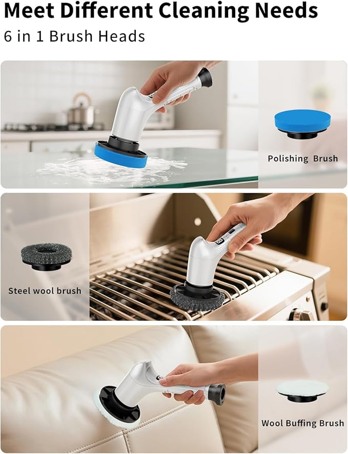 Electric Spin Scrubber, Cordless Household Cleaning Brush with 6 Replaceable Heads, 3 Speeds, LED Display, Lightweight Handheld Power Scrubber for Cleaning Stove/Bowl/Sink/Corner/Tile/Grout-White