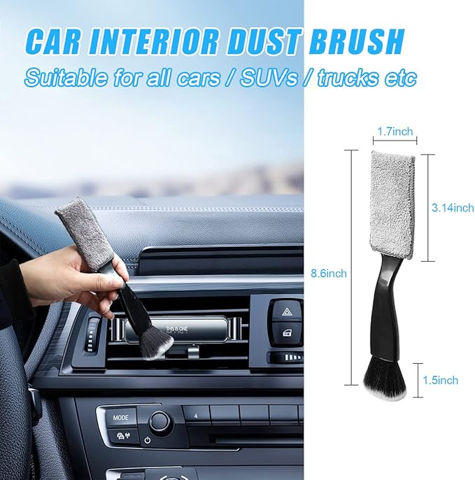 Ziciner 2 PCS Double Head Brush for Car Clean, Soft Auto Interior Duster Detailing Brushes, Universal Vehicle Dashboard Screen, Air Vents, Computer etc Cleaning Tool Accessories (Black)
