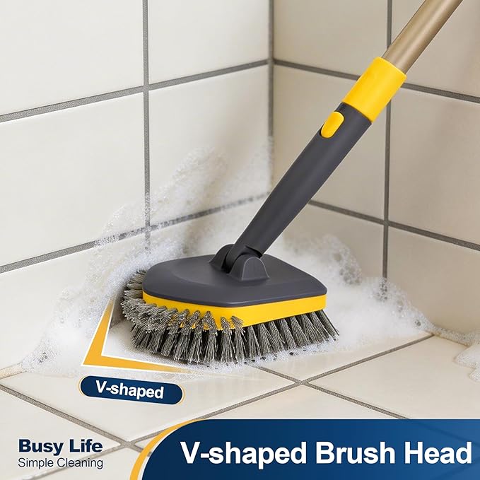 Yocada Tub Tile Scrubber Brush 2 in 1 Cleaning Brush Telescopic Pole Stiff Edge Bristles 4*Scouring Pads for Bathroom Shower Floor Corner Cleaning Non Scratch 58.2"