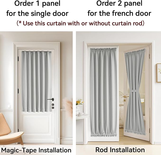 Vatge Front Door Curtains for Glass Window - Self Adhesive French Door Curtain with Tieback for Patio Door, 1 Panel, W25 x L72, Silver Grey