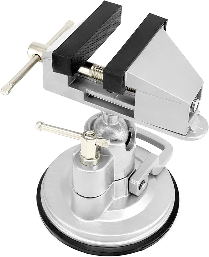QWORK Portable Vacuum Base Vise with Multi-Angle Rotation - 3.15" Jaw Width Pivots Vise Portable Vacuum Base Vise, for Various Smooth Work Surfaces