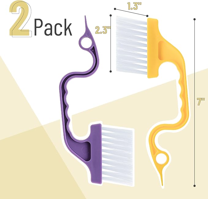 Slick- Window Track Cleaning Brush, 2 Pack, Yellow/Purple Ergonomic Handle, Built-in Scraper, Multipurpose, Window Track Cleaning Tools