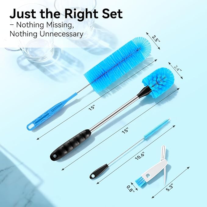 Bottle Brush Set with Straw Cleaner Brush and 3 in 1 Cup Lid Cleaning Brush, Water Bottle Cleaner with Long Handle for Cleaning Narrow Neck Beer, Cup, Wine Glasses, Tumblers, Baby Bottles