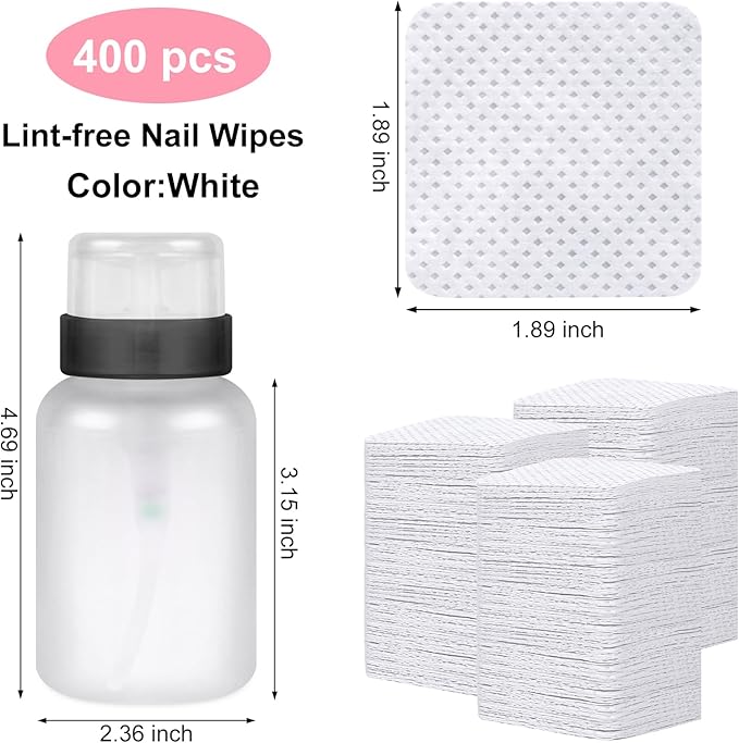 400pcs Lint Free Nail Wipes, 1 Pull-Off Pump-Style Bottle, Super Absorbent Soft Non-Woven,for Fingernail Polish Remover and Eyelash Extension Wipes for Nail Art (White)