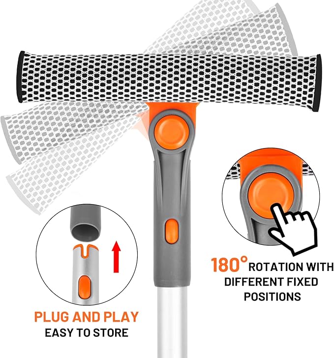 eazer Professional Window Squeegee, 2-in-1 Rotatable Squeegee for Window Cleaning Kit, Window Cleaner Tool, Window Washing Equipment Kit with Extension Pole (20''-30'') for Shower/Windshield