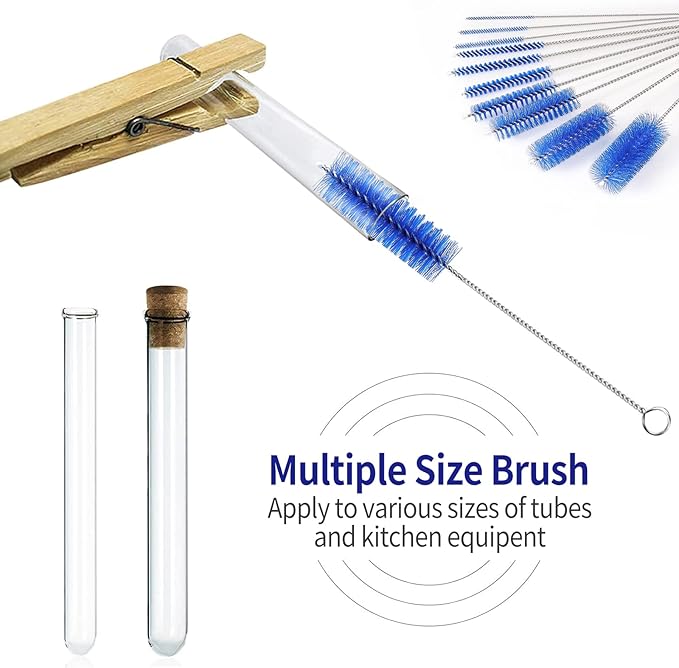 CiaraQ Bottle Cleaning Brushes, 8 Inch Nylon Tube Brush Set, Cleaner for Narrow Neck Bottles Cups with Hook, Set of 10pcs.