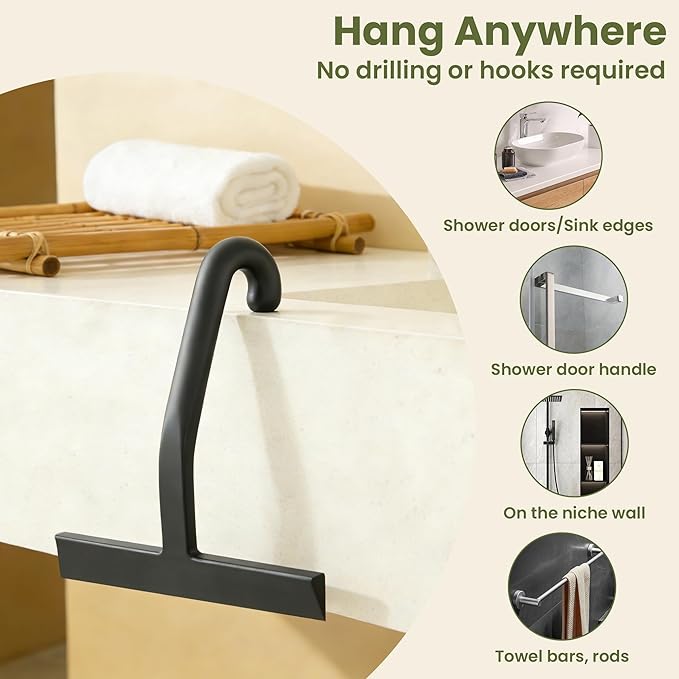 Shower Squeegee for Glass Doors - 10 Inch Ergonomic Round Grip, All-in-One Silicone Design with Built-in Hook Design for Easy Hanging, Efficient for Bathroom, Tile Wall, Car