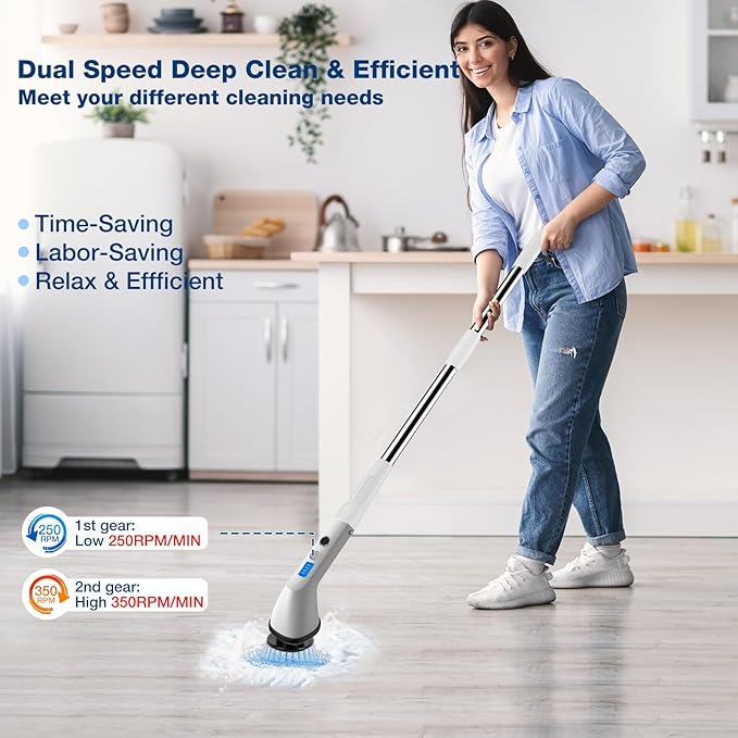 Electric Spin Scrubber, 2024 New Cordless Cleaning Brush，2-Speed Adjustable,Shower Scrubber for Bathroom Car Floor Tile Cleaning Squeegees
