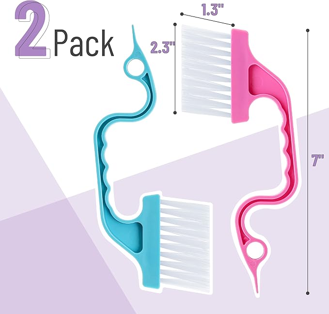 Slick- Window Track Cleaning Brush, 2 Pack, Blue/Pink Ergonomic Handle, Built-in Scraper, Multipurpose, Window Track Cleaning Tools