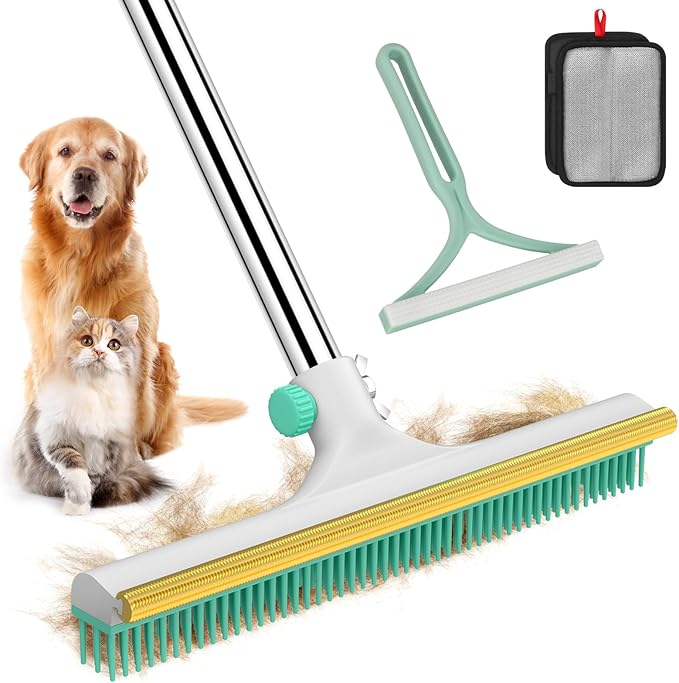 Carpet Rake for Pet Hair Removal - 60" Adjustable Long Handle Carpet Rake, 3 in 1 Reusable Pet Hair Removal Tool Kit, Cat Dog Fur Rakes Scraper Carpet Broom (White)