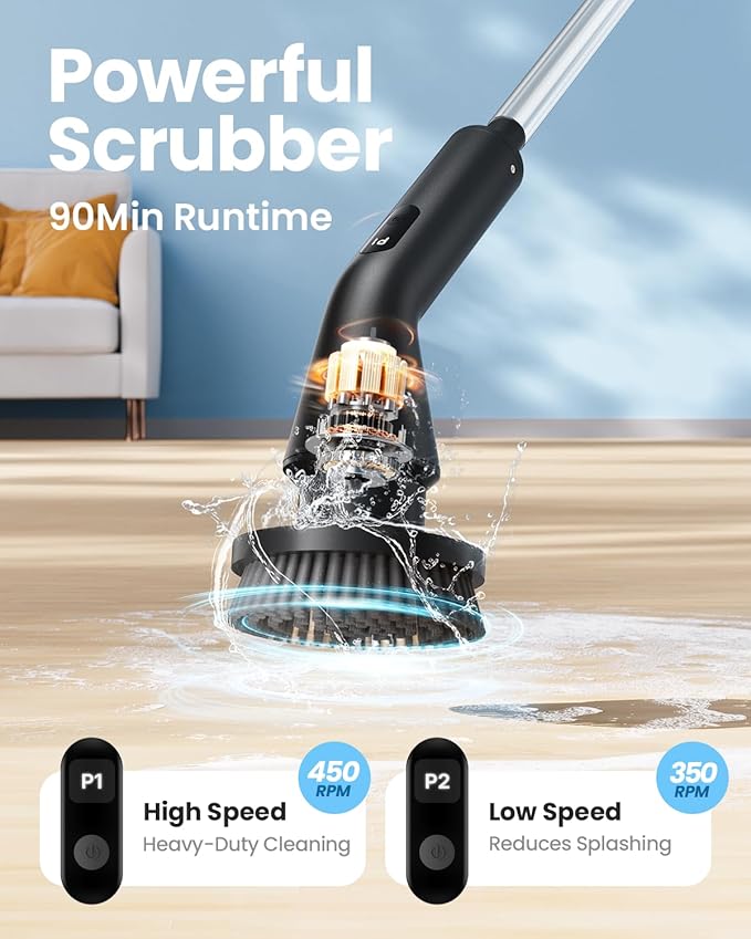 Electric Spin Scrubber, Upgraded IPX7 Cordless Cleaning Brush for Bathroom Shower, Household Cleaning Scrubber with 7 Brush Heads, Adjustable Long Handle and 2 Rotating Speeds for Tub Floor