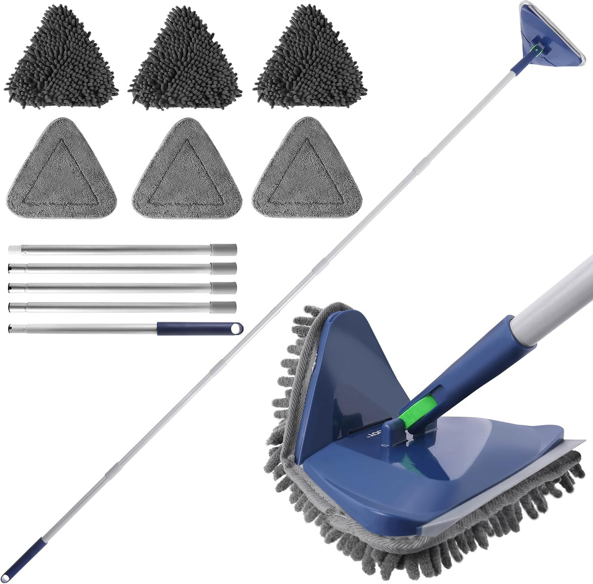 Wall Cleaner Mop with 82 Inches Long Handle, Baseboard Cleaner Tool Duster with Squeegee, Ceiling Cleaning Tool with 6 Replacement Pads for Painted Walls, Window, Floor - Blue