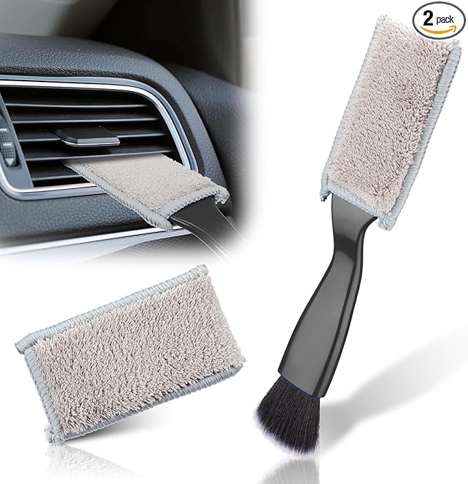 Double Head Brush for Car Clean, 2 in 1 Car Detailing Brush, Car Accessories Double Ended Portable Dust Brush with 2 Cleaning Cloth, Universal Dust Removal Brush for Air Conditioner Outlets