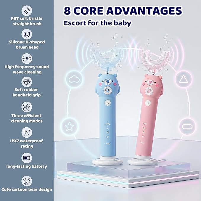 Kids Electric Toothbrush, with 4 Cleaning Modes, with 4 Brush Heads, Toddler U Shaped Toothbrush with 2 Soft Brush Head，Cartoon Bear 360-Degree Cleaning IPX7 Waterproof Design (Ages 2-16)
