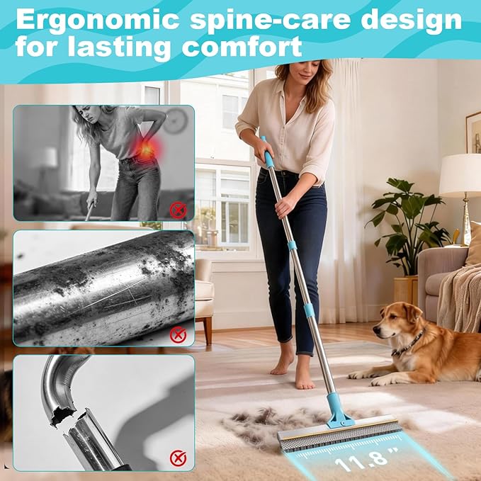 Vivifying Carpet Rake Pet Hair Remover Set, 56” Adjustable Long Handle Plus 2 Handheld Tools, Deep Cleans Pet Hair from Carpets, Rugs, Mats & Upholstery