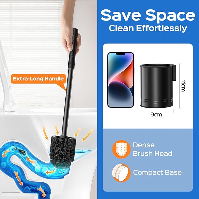 HAMITOR Black Toilet Bowl Brush: Metal Rustproof Bathroom Cleaning Accessories Set with Hidden Holder for Renters - Wall-Mounted Family Compact Toilet Cleaner Kits for Apartment RV Small Space