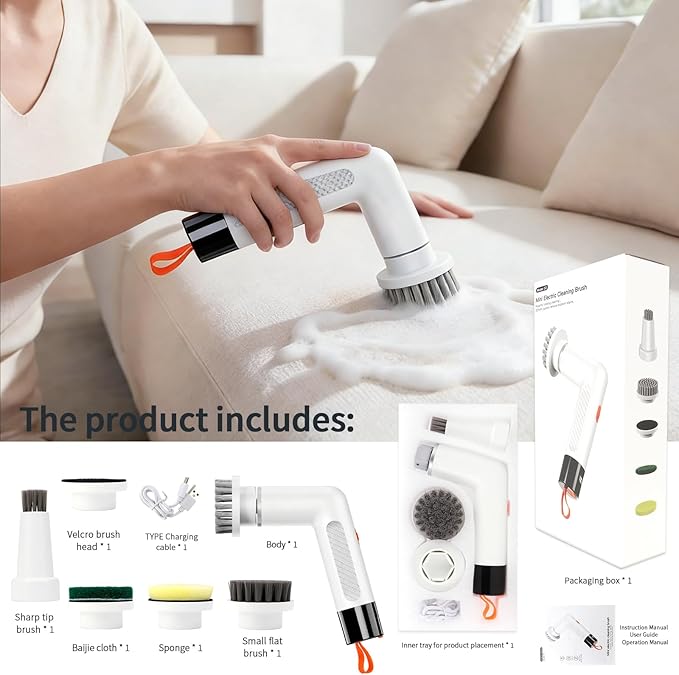 6-in-1 Electric Spin Scrubber with 5 Brush Heads – Cordless, Rechargeable, Dual-Speed & Waterproof, Electric Scrubber for Cleaning Bathroom Tile Floor Window Kitchen Sink