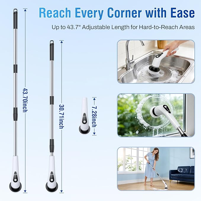 Electric Spin Scrubber, Cordless Cleaning Brush with 8 Replaceable Heads, Five-Speed Power Scrubber with Adjustable Handle for Bathroom, Tub, Floor, Tile & Car – Clean Without Bending