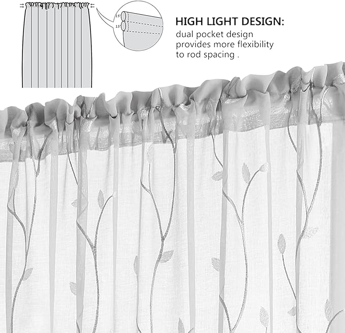 jinchan Sheer Door Curtain 40 Inches Grey Floral Embroidered Semi-Sheer Embroidery Voile Floral French Door Curtain Light Filtering Drape Rod Pocket 1 Panel Gray