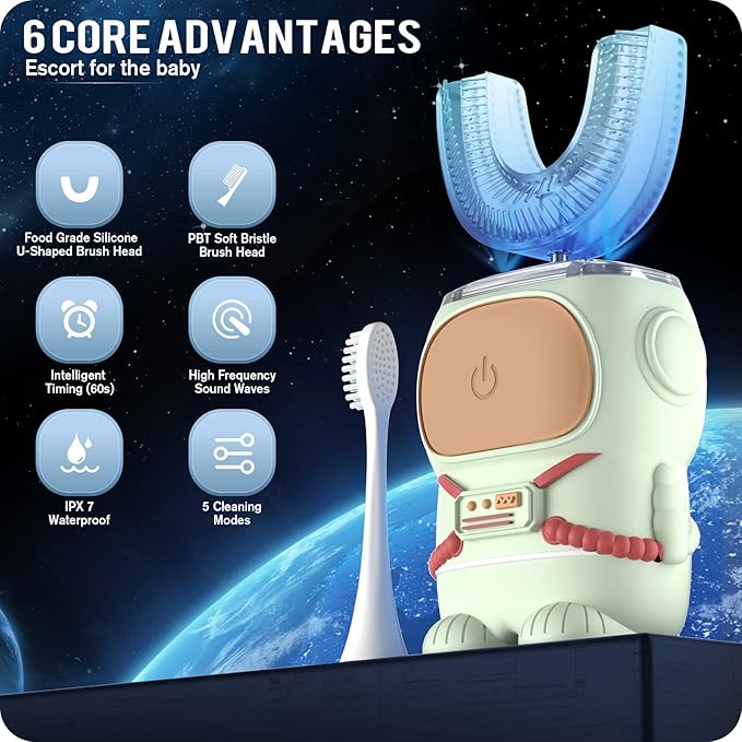 RexCodar Ultrasonic Kid's U-Shaped Electric Toothbrush, IPX7 Waterproof, Five Cleaning Modes, Cartoon Astronaut, 60S Smart Reminder (2-6 Age (Green))