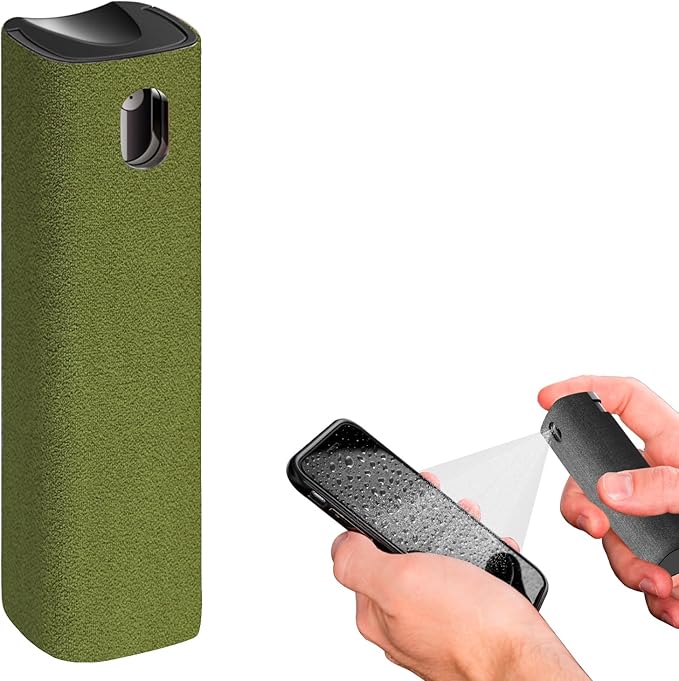 IO CLEAN Mini Screen Cleaner Spray – Finger Proof Screen Cleaner for Smartphones, iPads, MacBooks, Laptops, Car Screens, Touchscreens – 3in1 Mist Cleaner, Microfiber Cloth and Protective Cover (Khaki)