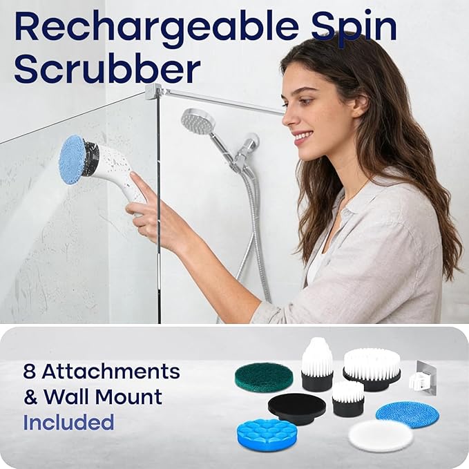 Cleanninja Electric Spin Scrubber for Cleaning, Adjustable Shower Brush with 7 Replaceable Heads & Power LED Display, 2 Speed Waterproof Cordless Shower Scrubber for Bathtub, Kitchen, Car, White