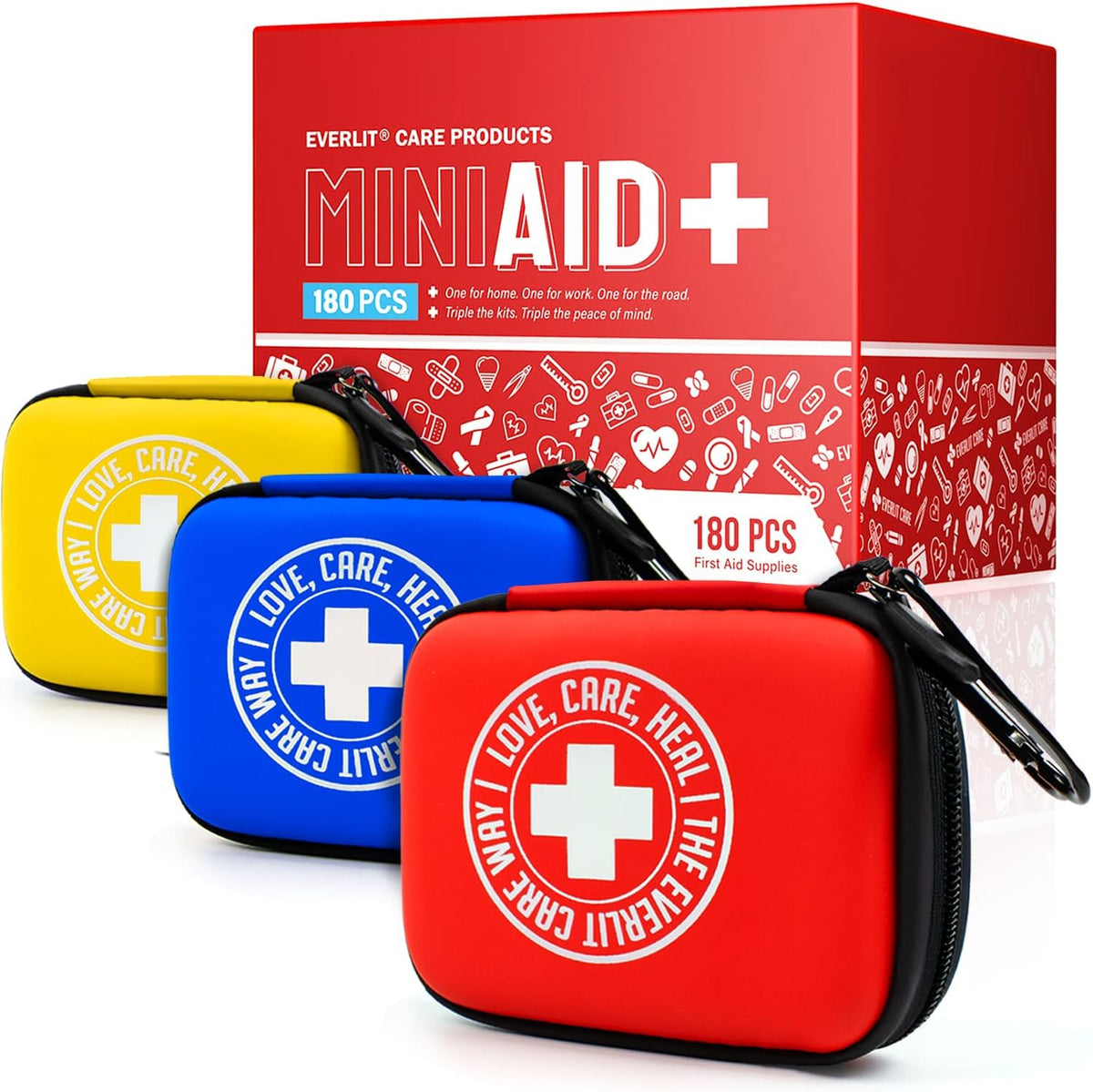 Mini-Aid First Aid Kit | Compact & Lightweight Case with Carabiners for Travel | Family & Kid Friendly 180 Pcs Wound Care Supplies for School, Work, Outdoor, Home & Office | Pack of 3