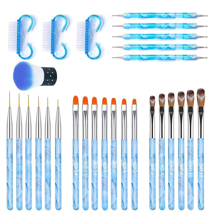 28Pcs Blue Nail Art Brush Set, Manicure Tool Kit with Acrylic Nail Brush, Builder Gel Brushes, Cuticle Brush, Dust Brush, Dotting & Liner Tool for Acrylic Powder Application, Sculpting & Cleaning