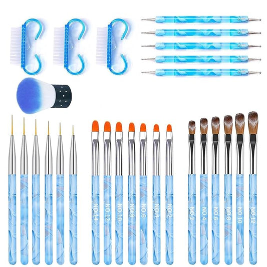 28Pcs Blue Nail Art Brush Set, Manicure Tool Kit with Acrylic Nail Brush, Builder Gel Brushes, Cuticle Brush, Dust Brush, Dotting & Liner Tool for Acrylic Powder Application, Sculpting & Cleaning