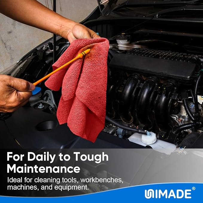 UNIMADE Shop Towels Rags, 150 Pack Reusable Shop Rags Bulk Microfiber Cleaning Cloth Lint Free Cleaning Towels for Car Kitchen Automotive Bar Mechanic Restaurant Garage, 11.5"x 11.5", Red