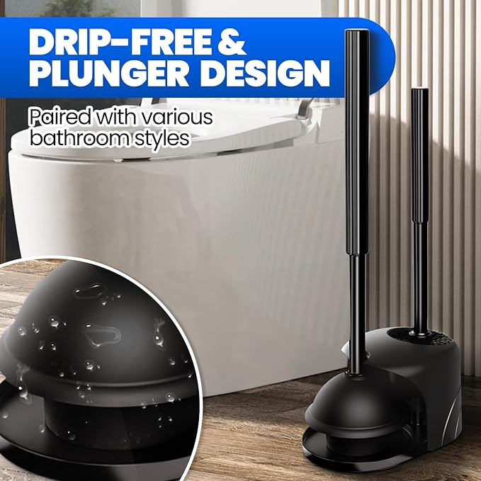 2Pack 2 in 1 Toilet Brush and Plunger Set, Extended Handle Plunger,Toilet Bowl Brush Plunger Set,Bathroom Cleaning Tools,Cleaning Brush,Toilet Brush Plunger Combo(Bright Black)