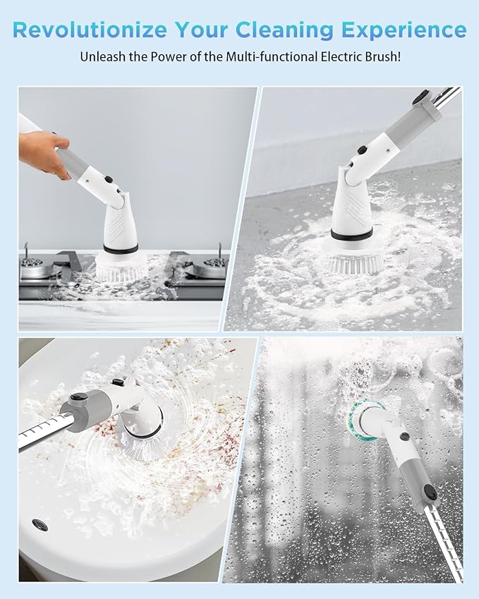 Electric Spin Scrubber, Cordless Power Brush Floor Scrubber with Adjustable Extension Arm and 4 Replaceable Bathroom Cleaning Brush Heads, Ideal for Tub, Tile, and Floor Cleaning