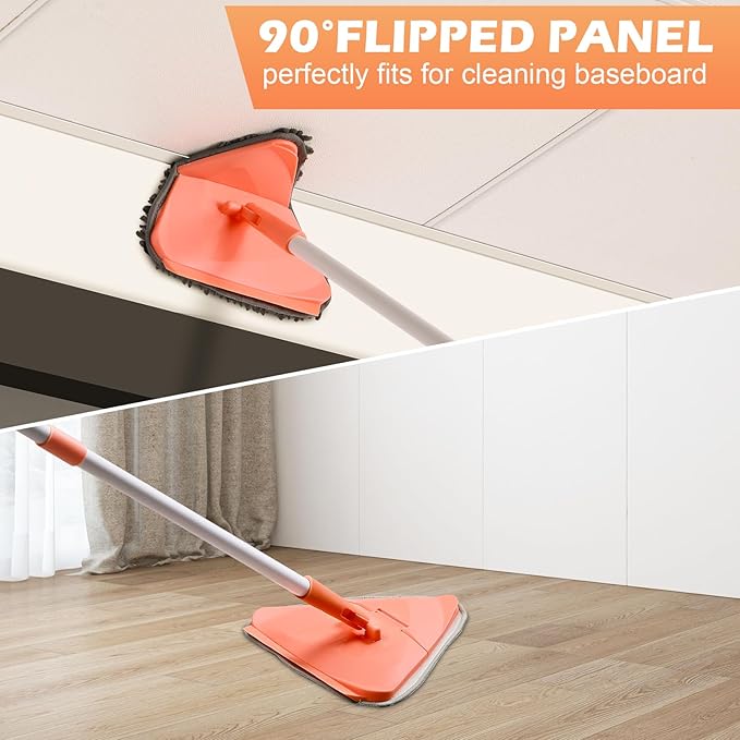 Wall Cleaner Triangle Mop with 82'' Long Handle - Wall Scrubber, Cleaning Washer Tool with 4 Microfiber Chenille Duster Pads for Clean Walls, Ceiling, Windows, Baseboards, Floors (Orange, 4 Pads)