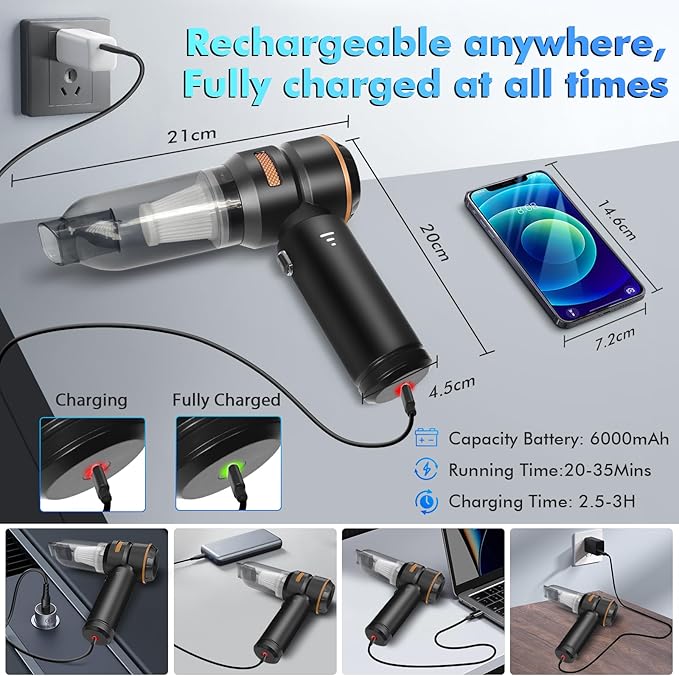 80,000RPM Cordless Car Vacuum & Air Duster 4-in-1 High Power 20000PA Handheld Blower/Pump with Brushless Motor, LED Power Display, 3 Speed for Home/Camping/Pet Hair (Black Gold)
