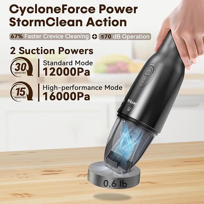 Wkzay Portable Mini Handheld Vacuum Cordless: Brushless Motor – 16,000Pa Strong Suction, Fast Charging, Low Noise, Lightweight and Portable for Home, Apartment, Dorms, Small Spaces