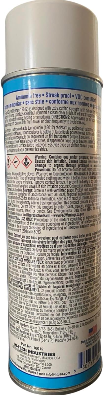 HI-TECH Streak Proof Glass Cleaner - Ammonia Free - 18oz Aerosol