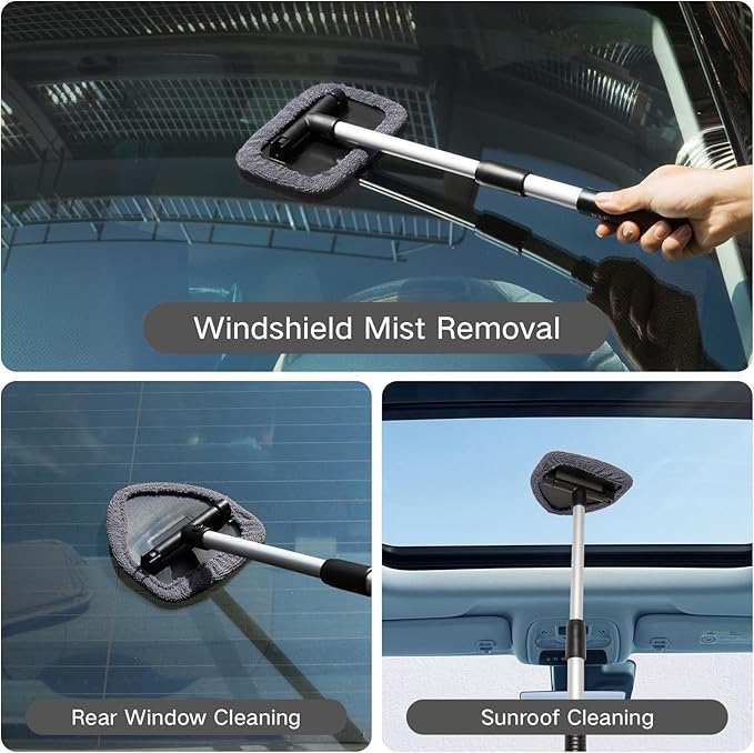 Qydipclin 10pcs Windshield Cleaner Tool, Car Window Cleaning Wash Kit with 4 Reusable Microfiber Pads 1 Spray Bottle and Extendable Handle Auto Glass Wiper Kit, Gray