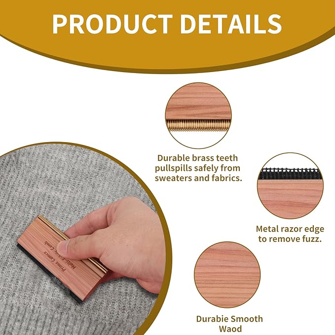 Cashmere Comb – 100 x 44 x 10mm Multi-Fabric Shaver for Clothing – Durable Cedar Wood Comb with Metal Pick – Easy to Use and Portable Fiber Cloth Pilling Remover Ideal for Sweaters, Fuzz