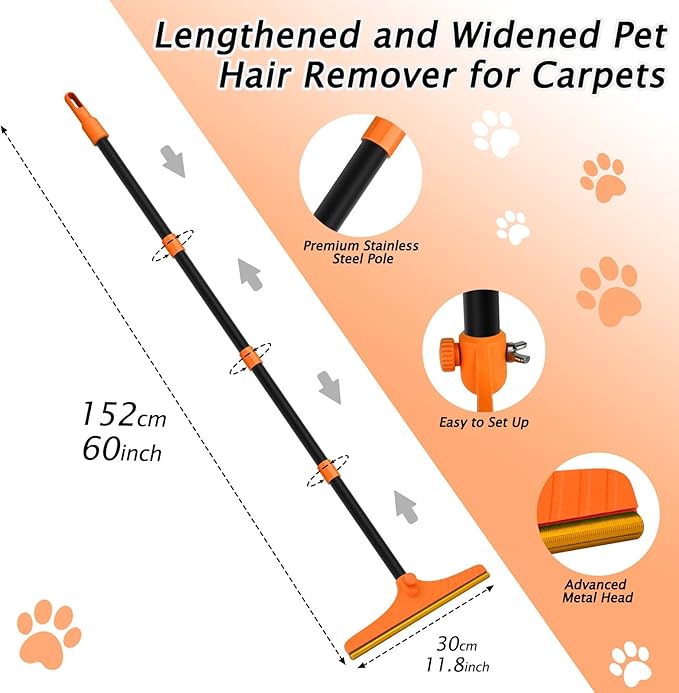 Eaersan Carpet Rake for Pet Hair Removal - Reusable Pet Hair Remover, 60” Adjustable Long Handle Cat Dog Carpet Rake Scraper, Dog Hair Rake Brush for Rugs, Mats, Couch