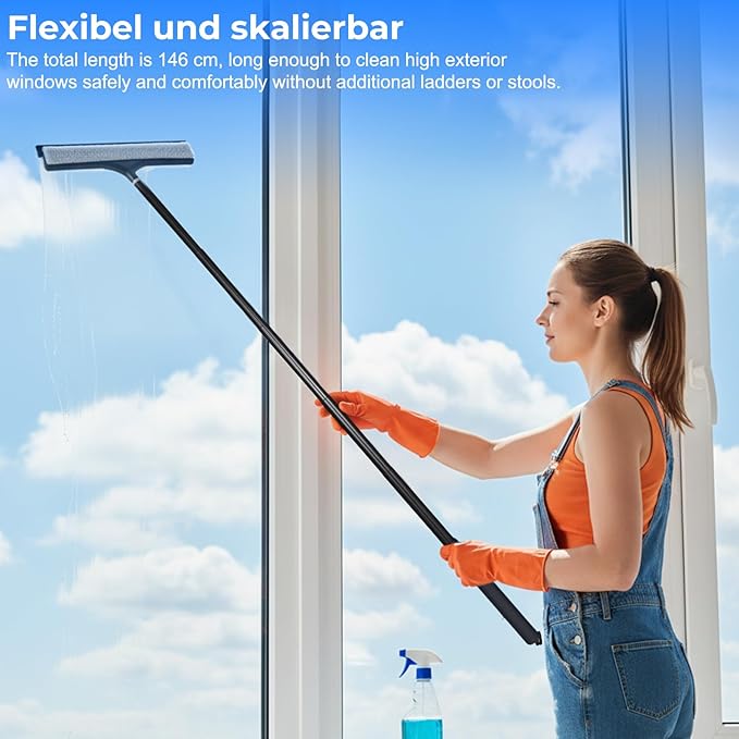 wlich Shower Squeegee with Long Handle, Telescoping Window and Floor Extendable Squeegee for Shower Glass, Bathroom Surfaces, Mirrors, and Smooth Floors, Includes Replaceable and Washable Cloth Pads
