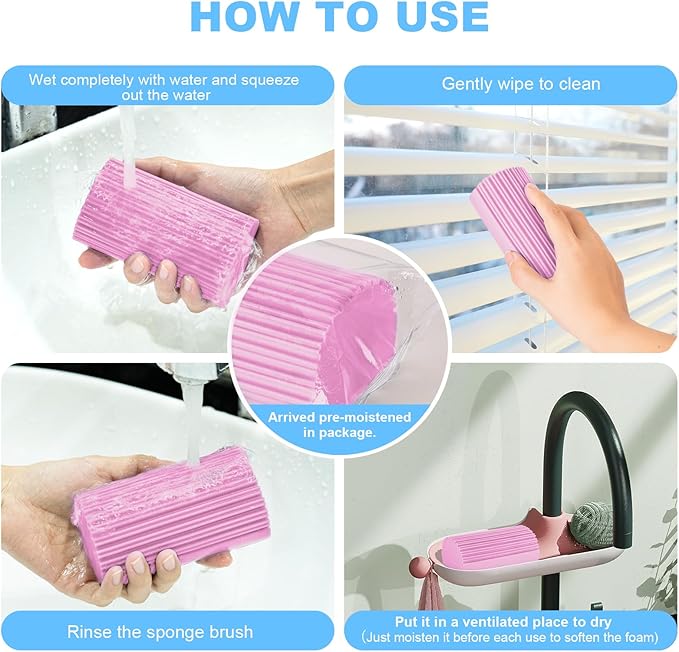 4 Pack Damp Clean Duster Sponge, Magic Sponge Eraser for Household Cleaning, Reusable Dusters Cleaning Supplies for Housekeeping, Dish, Blinds, Glass, Baseboards,Window Track Grooves and Faucets