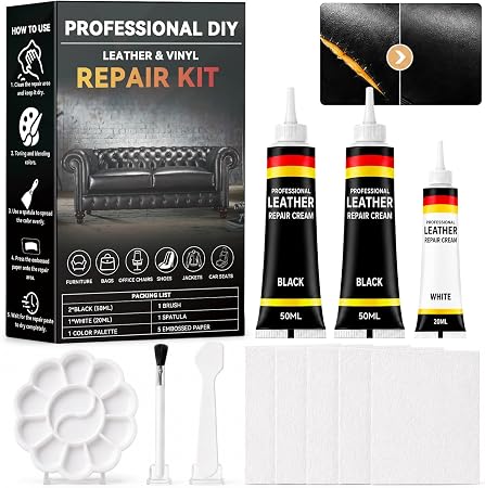 Black Leather Repair Kit, Vinyl Repair Kit Repairs Scratches, Cracks, Holes on Car Interiors, Furniture, Jacket, Sofa, C