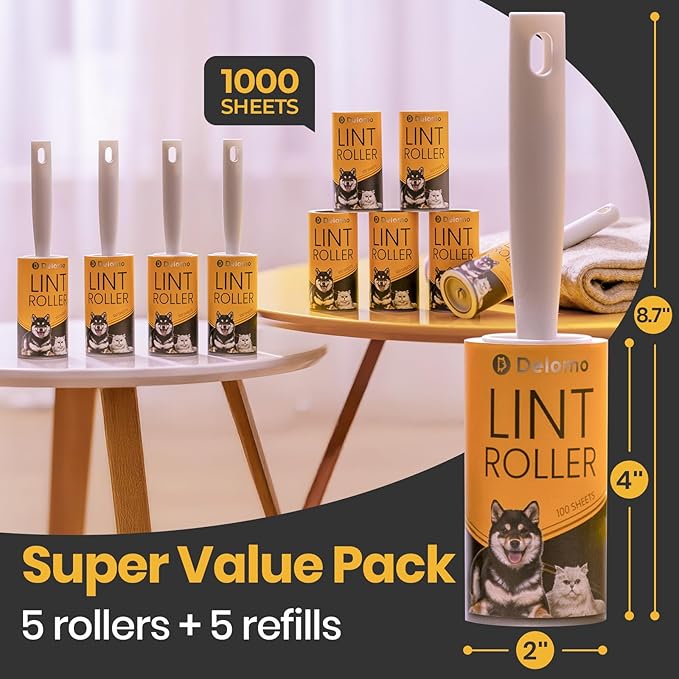 DELOMO Lint Roller 1,000 Sheets (5 Rollers + 5 Refills) - Lint Rollers for Pet Hair Extra Sticky, Mega Value Pet Hair Removal Tool for Clothes/Couch/Furniture/Car - Ideal Home Gift for Pet Owners