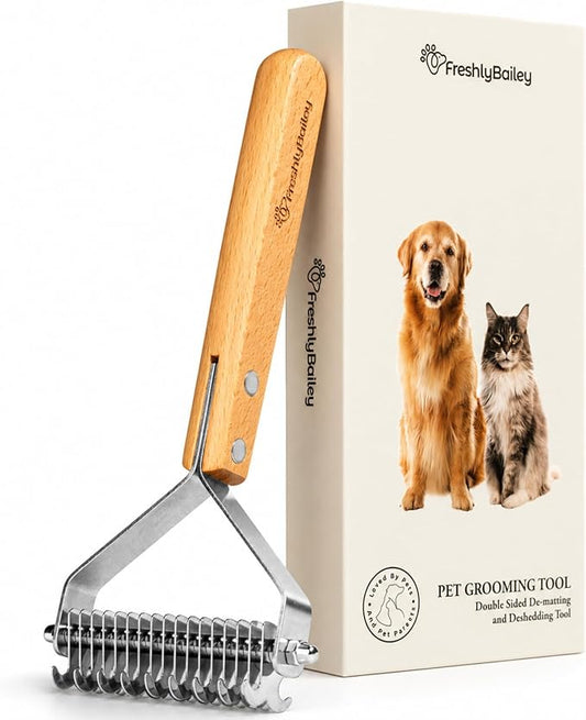 Freshly Bailey Dematting Comb for Cats and Dogs, Mat Remover and Deshedding Grooming Tool, Safe Detangler for Matted Fur, Double Sided Undercoat Rake