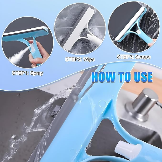 Shower Squeegee for Glass Doors, 3 in 1 Squeegee for Shower Glass with Spray, Scrubber and Shower Squeegee for Glass Doors, Mirrors, Car and Home, All-Purpose Window Cleaner Tool (Blue)