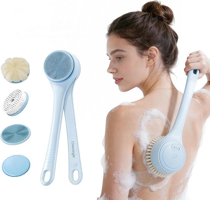 Electric Body Brush Back Scrubber for Shower, Waterproof Long Dual Handle Power Body Scrubber with 4 Heads, Rechargeable Bath Brush & 2 Speeds, for Cleansing, Exfoliating and Massaging Skin