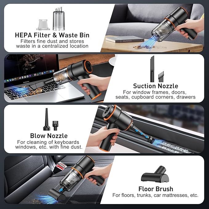 KMM Handheld Car Vacuum Cleaner, 9000PA Vacuum Cleaner & Air Duster, 120W High Power Vacuum Portable Cordless, Hand Held Vacuum Rechargeable with Multi-Nozzles & LED Light for Home, Car, Office