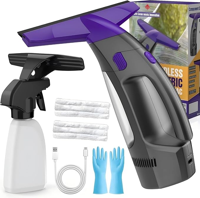 Window Vacuum Squeegee Cordless, 2000Pa Electric Window Cleaner with Power Blade, Vacuum Squeegee for Window Cleaning, Streak-Free Window Vacuum with 360ml Spray Bottle for Windows, Mirrors, Tiles